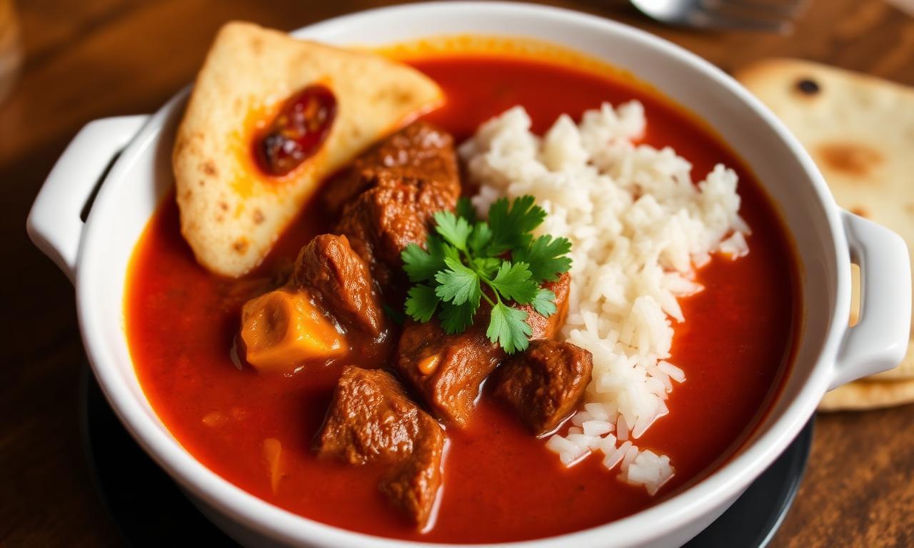 Wetherspoons beef Madras - dark red curry in white bowl, basmati rice,