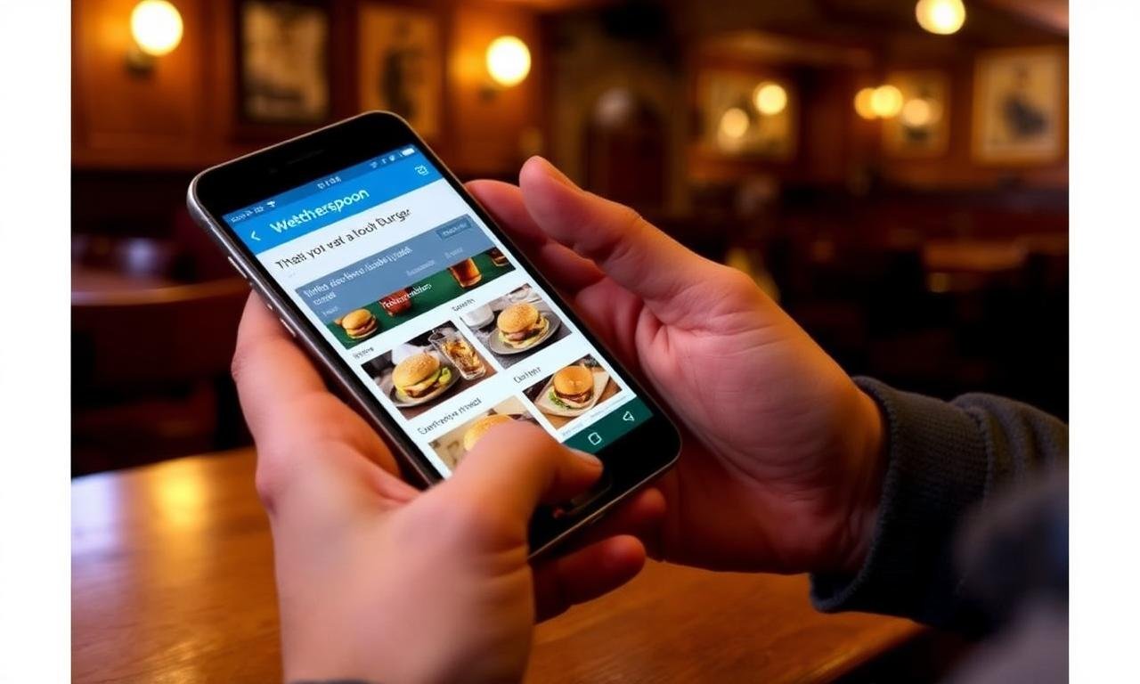 Person using Wetherspoon app on smartphone at pub table