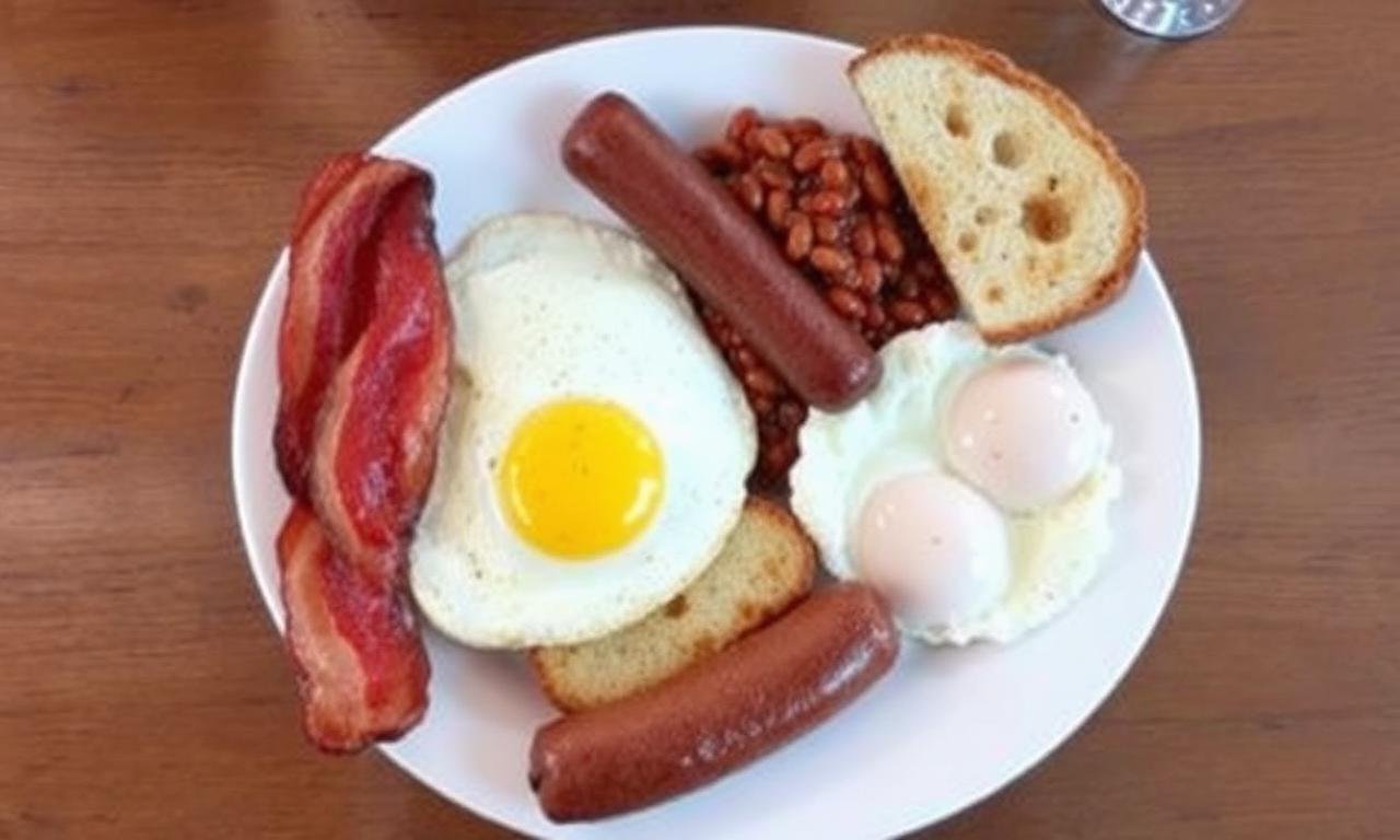 Wetherspoons traditional breakfast overhead - fried egg, bacon, sausage