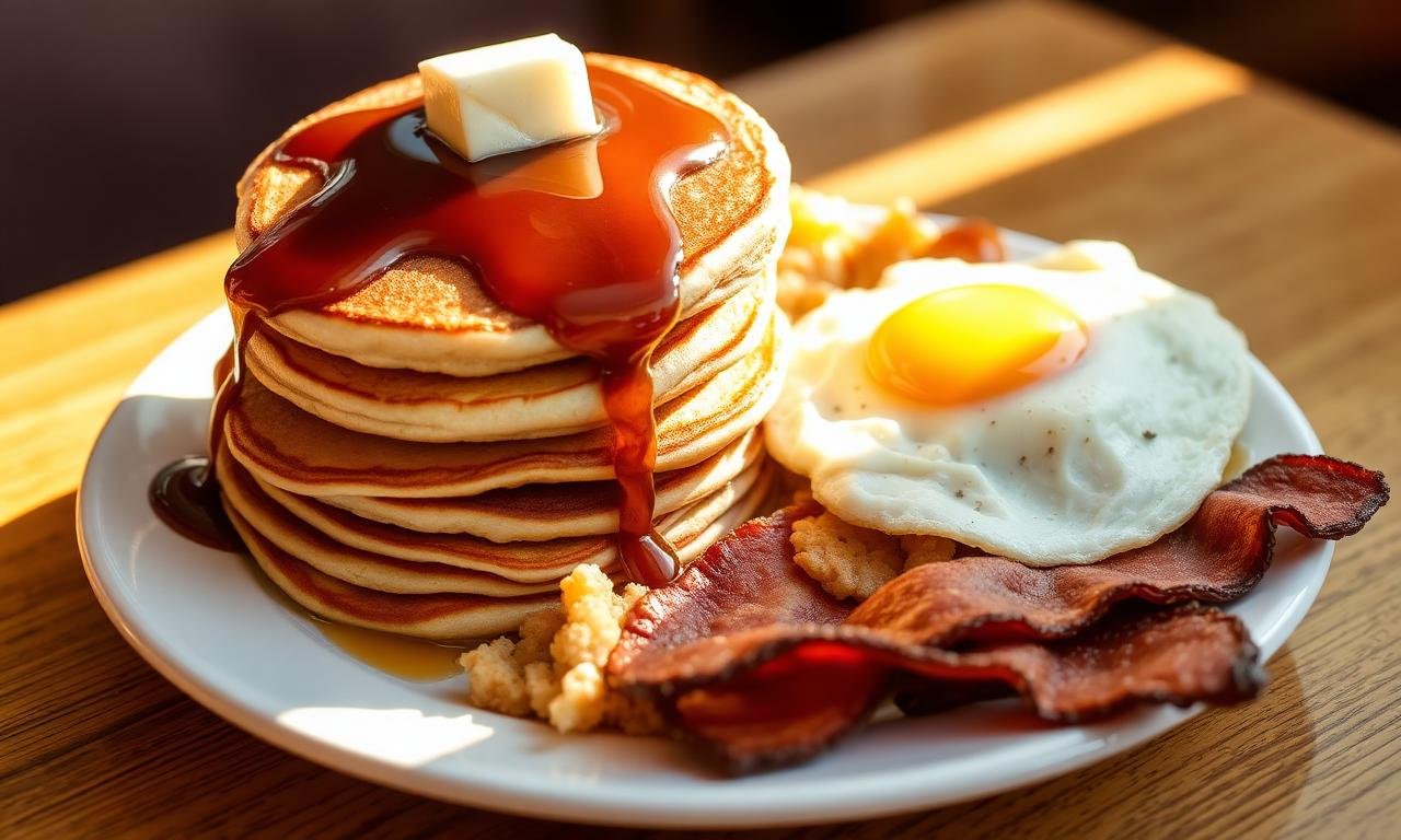 Wetherspoons American breakfast - stacked pancakes with maple syrup, ha