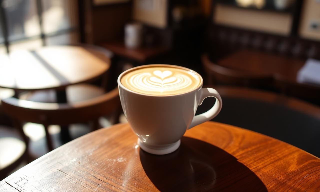 Wetherspoons flat white coffee in ceramic cup with latte art, wooden pu