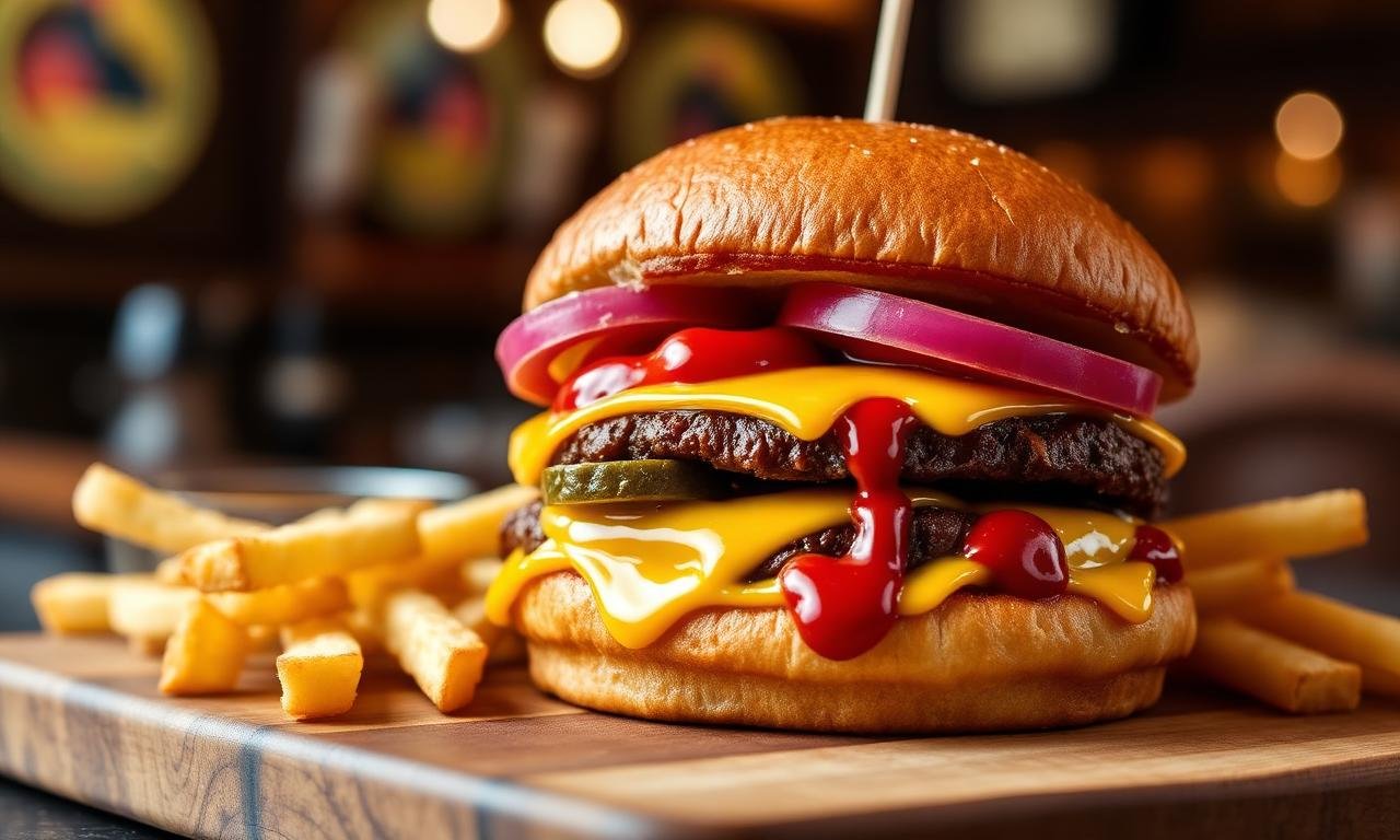 Wetherspoons American cheese burger close-up