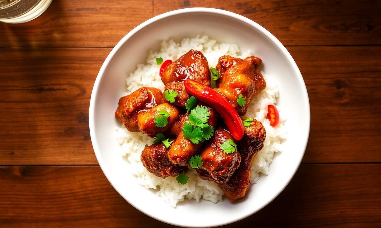 Wetherspoons sticky Korean fried chicken bowl overhead - glazed chicken