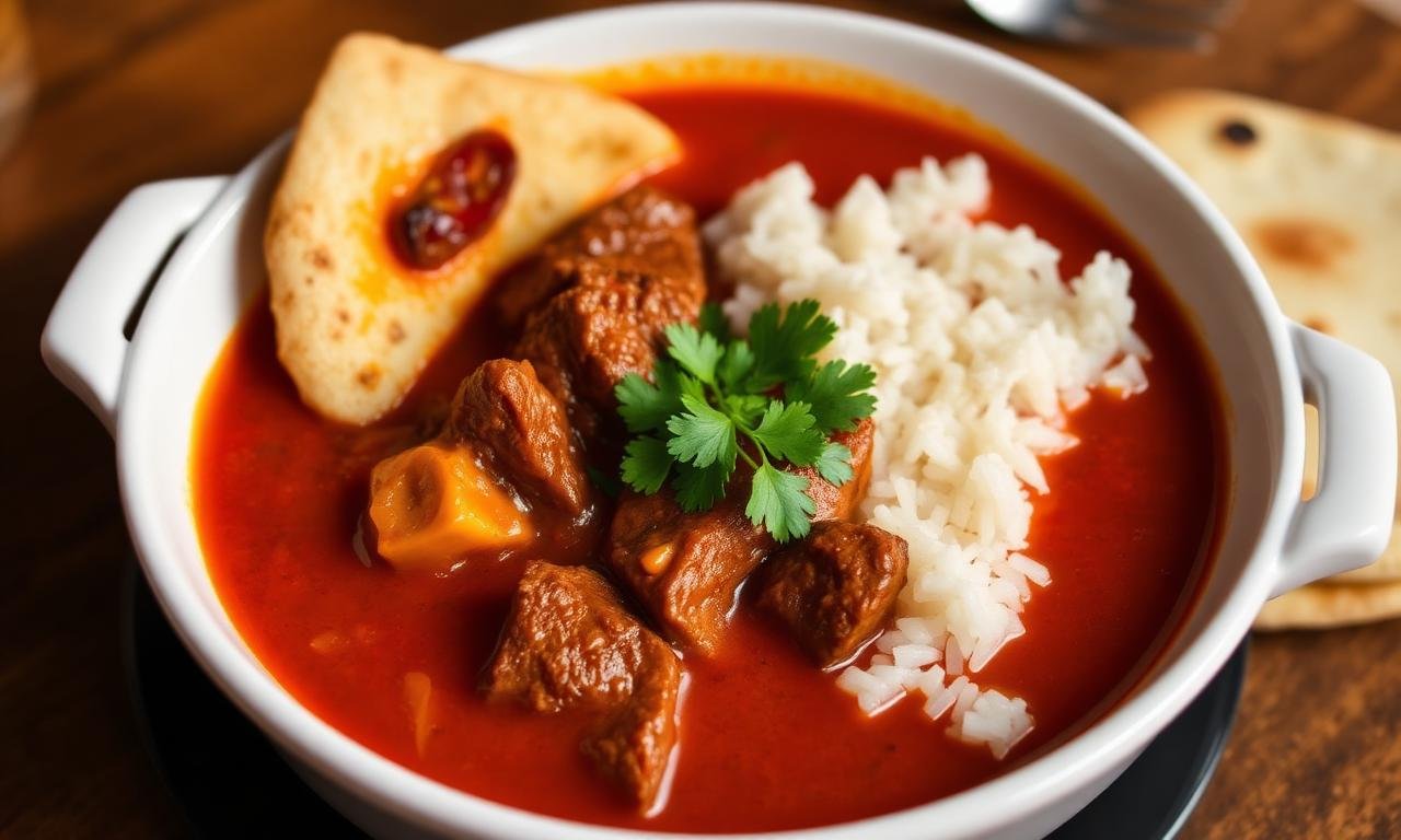 Wetherspoons beef Madras - dark red curry in white bowl, basmati rice,