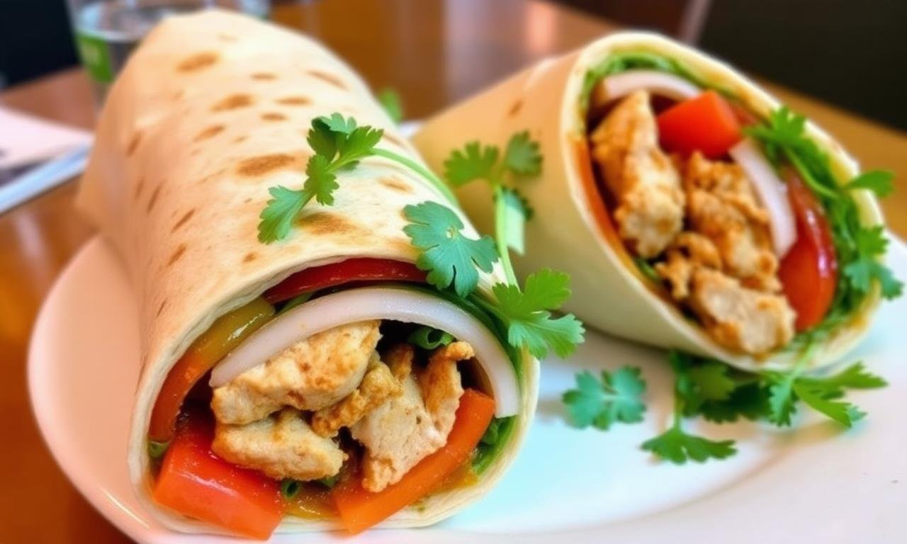 Wetherspoons 12-inch Shawarma Chicken wrap halved on plate