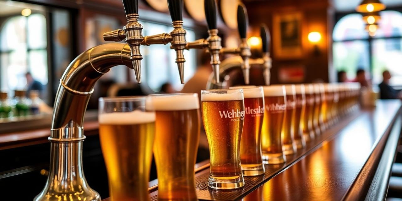 Wetherspoons bar counter - pint glasses being filled with golden lager,