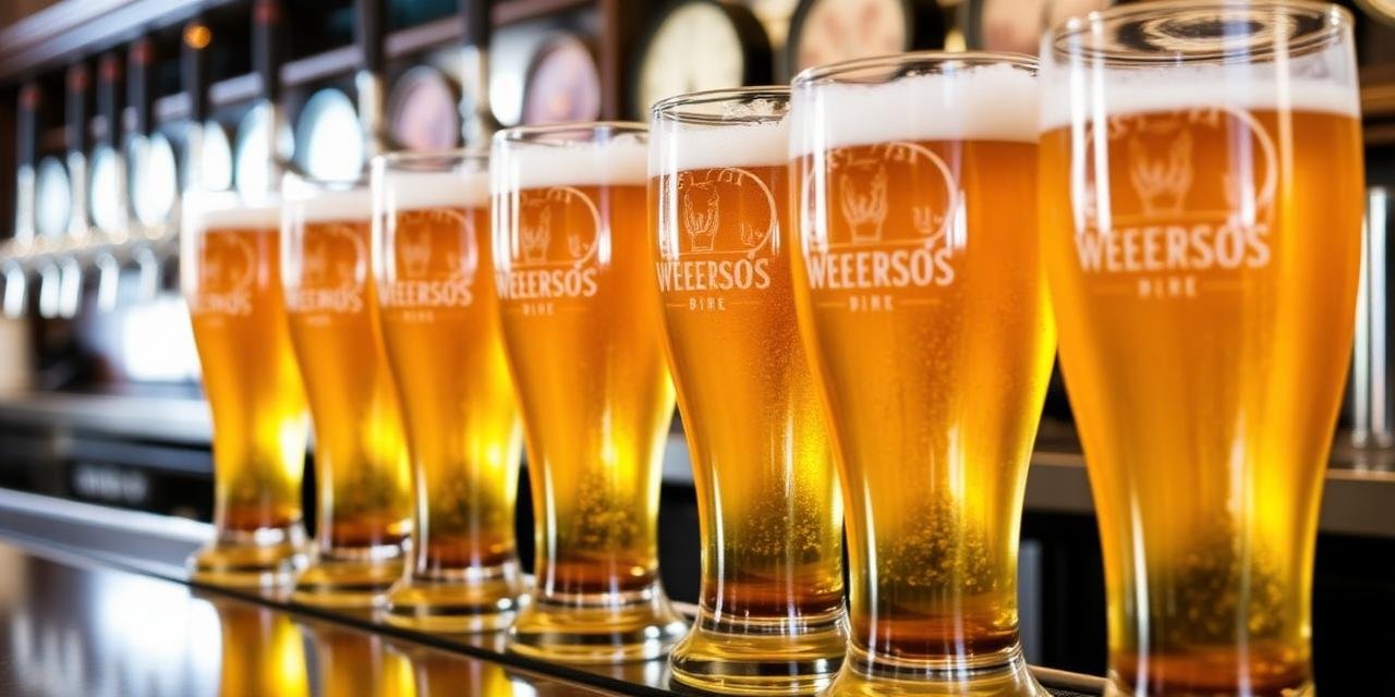 Row of golden lager pint glasses on Wetherspoons bar counter, condensat