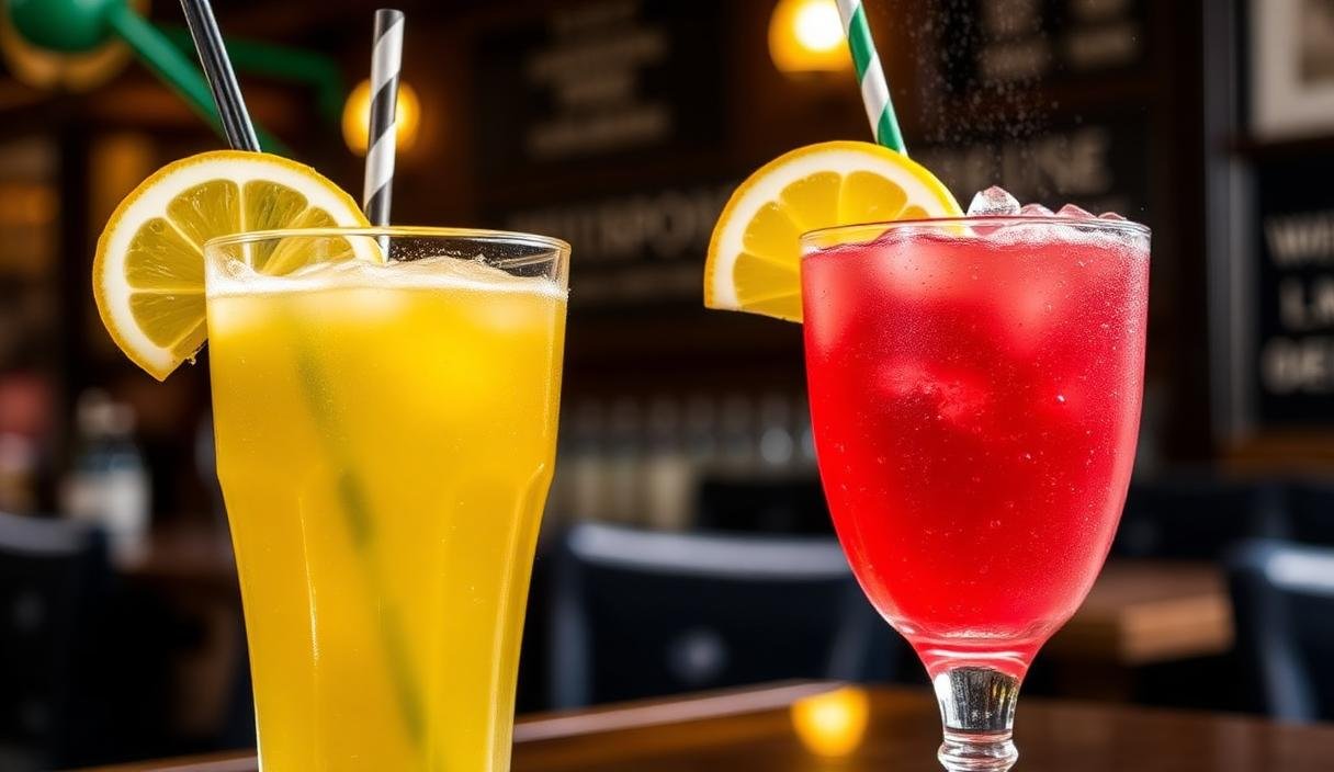 Wetherspoons cocktails - two colourful drinks with citrus garnish and s