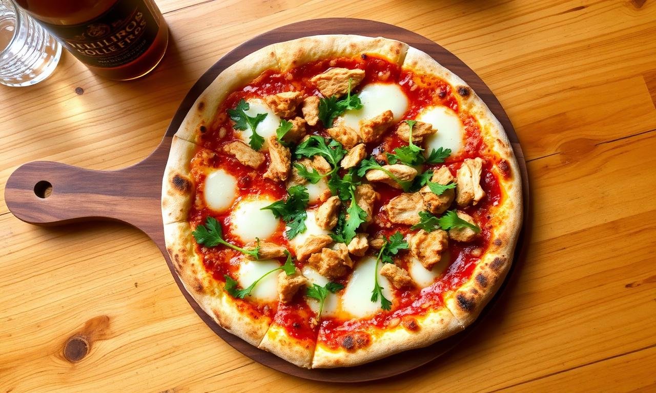 Wetherspoons sourdough pizza overhead - 8-inch Spicy Chicken pizza on w