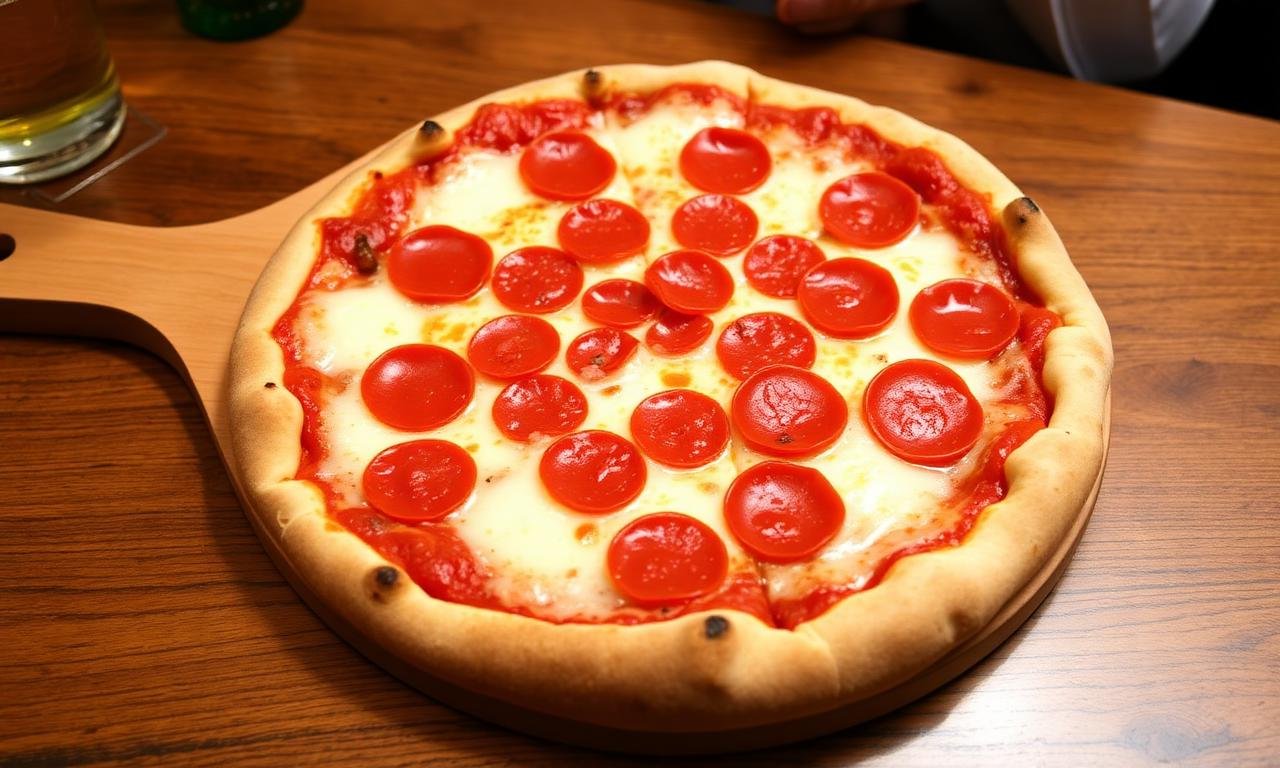 Wetherspoons 11-inch pepperoni pizza overhead - large sourdough base, g
